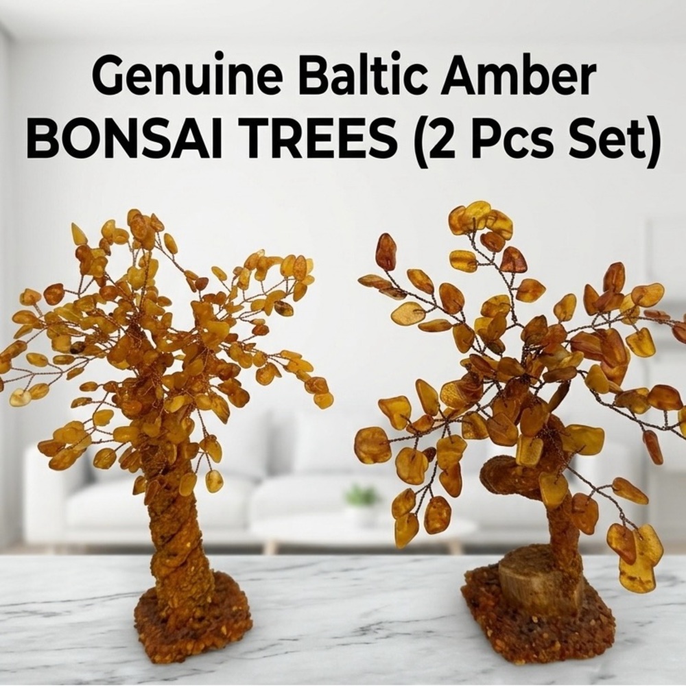 Set of 2 Genuine Baltic Amber Bonsai Tree Sculpture Handcrafted Gemstone Decor
